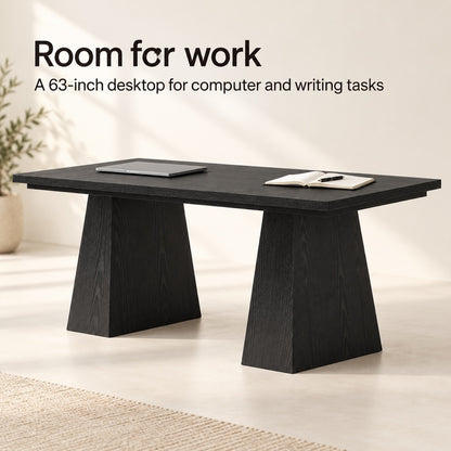 Black 63-Inch Desk with Twin Pedestal Base
