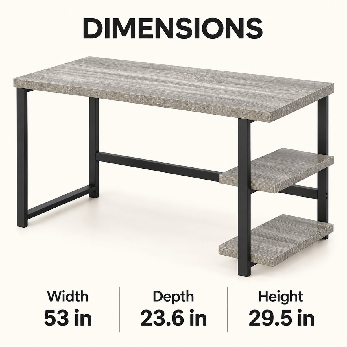 Light Gray 53-Inch Desk with Two Open Shelves