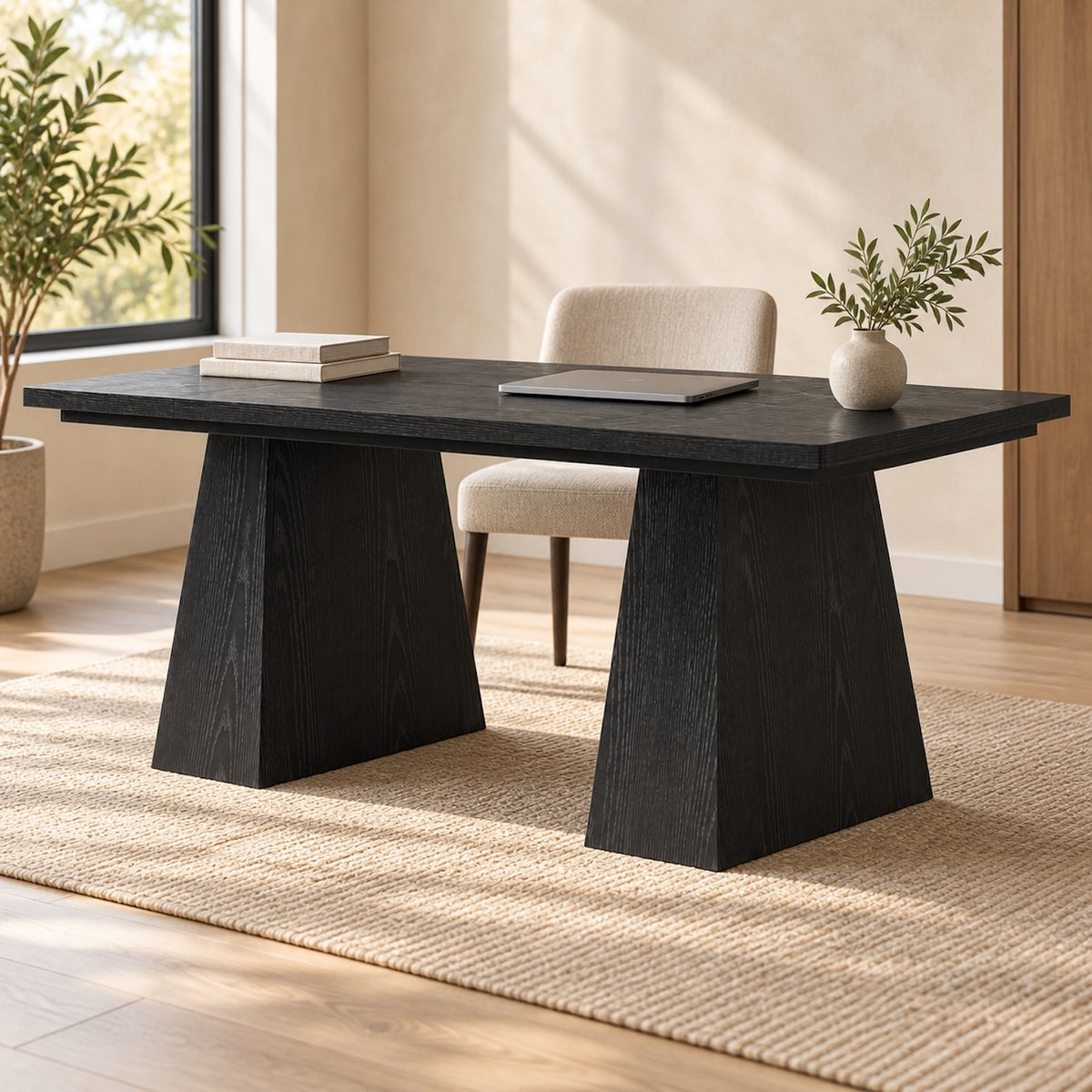 Black 63-Inch Desk with Twin Pedestal Base