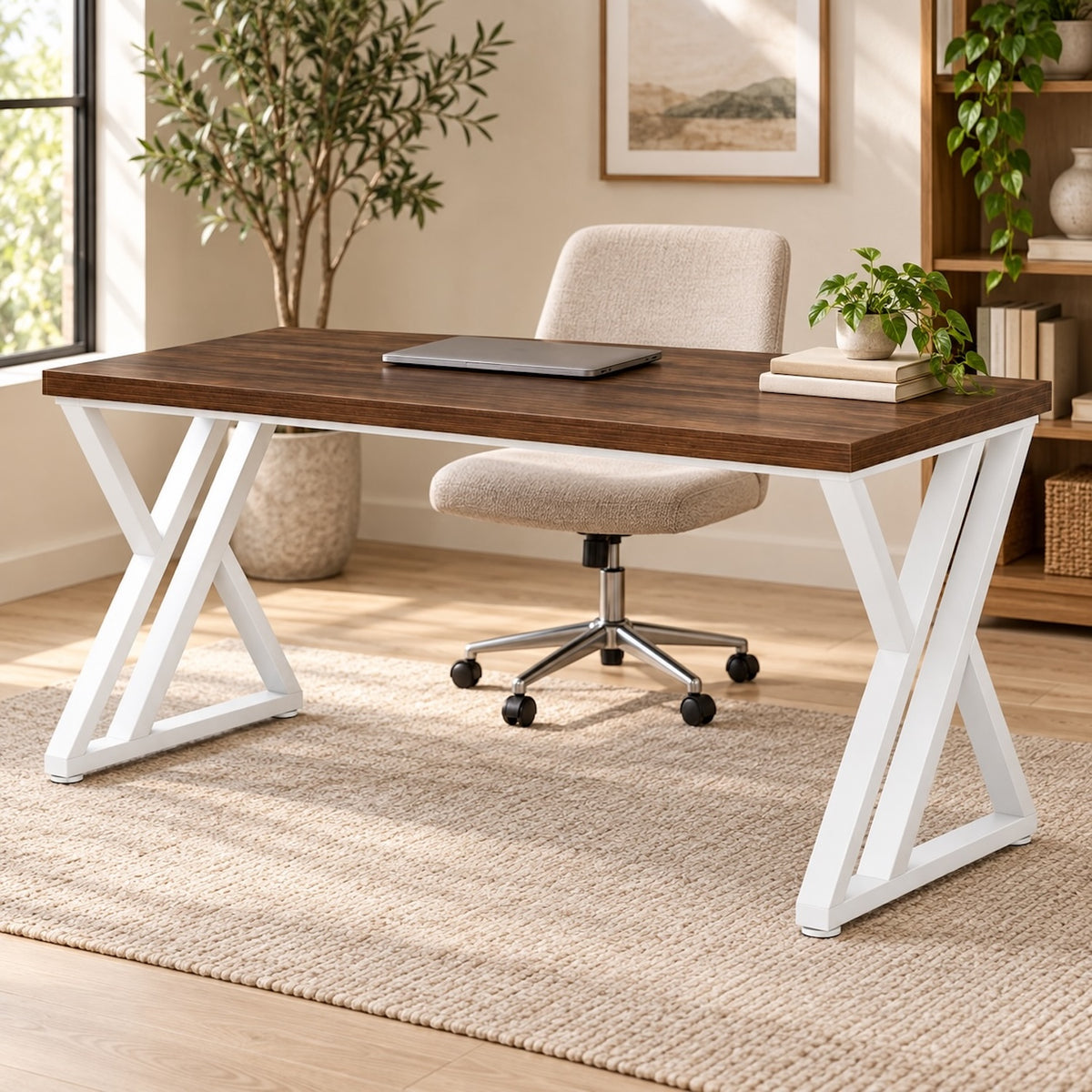 Walnut and White 55-Inch Desk with Z-Style Legs