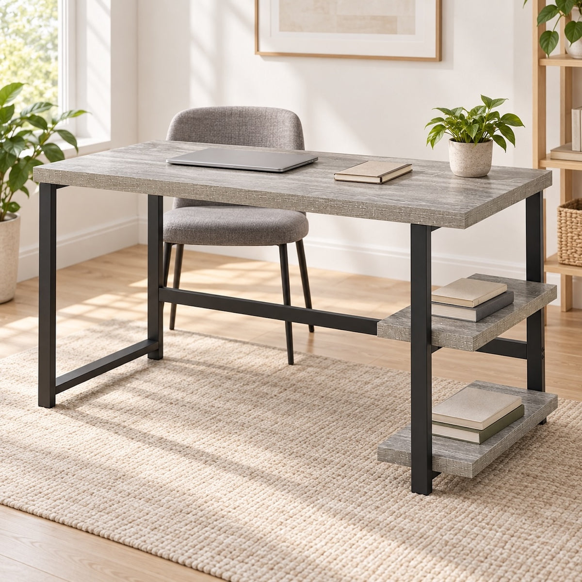 Light Gray 53-Inch Desk with Two Open Shelves